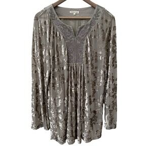 Indigo Soul Tunic Top Large Taupe Burnout Velvet Embroidered V-Neck‎ Long Sleeve